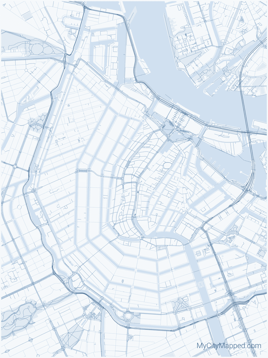 Amsterdam city map poster in Monochrome Blue style — custom Amsterdam map wall art by MyCityMapped