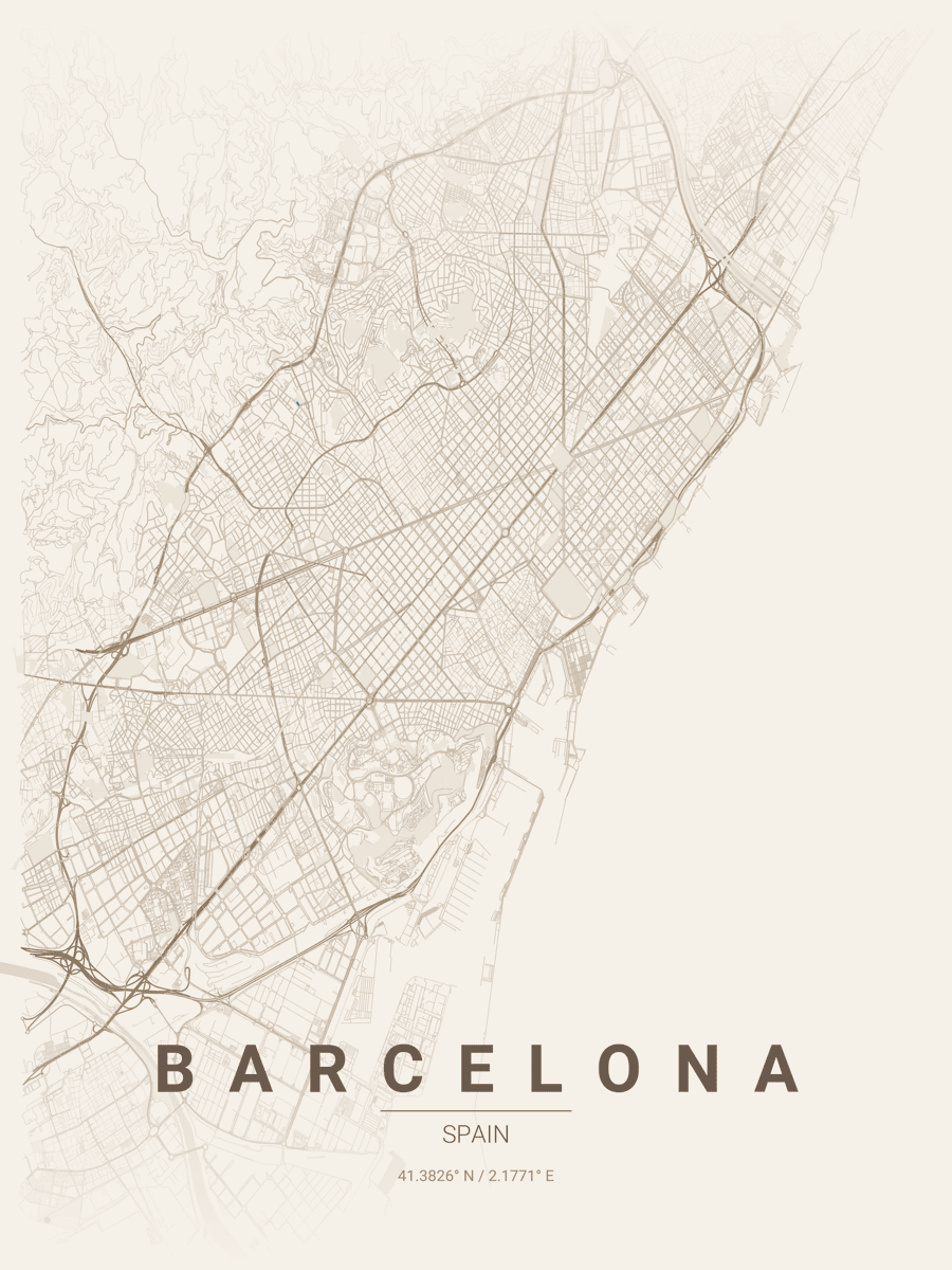 Custom Barcelona city map poster in warm beige style — the ideal housewarming gift