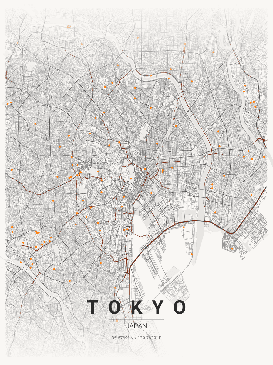 Custom TOKYO city map poster in JAPANESE INK style - personalised wall art